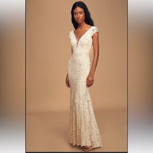 Lulu’s Icing on the Cake White Lace Short Sleeve Maxi Wedding Dress Size XL